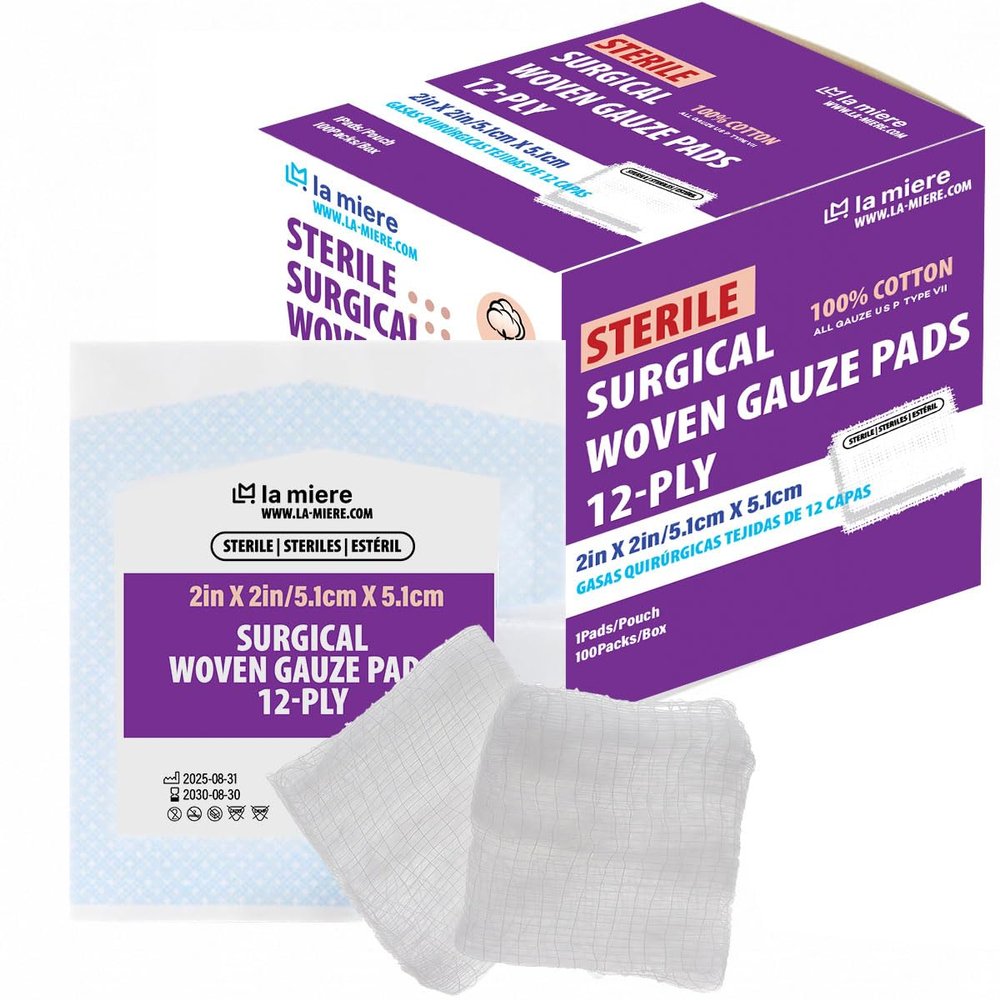 LA MIERE Gauze Swabs, 2"x2" -100P, 12-Ply, Sterile 100% Cotton Gauze Pads, All-Purpose Dental and Surgical Sponges for Wound Carel