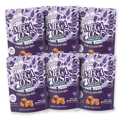 Eat Omega 3 Mega Os Cocoa Swirl Cereal Bites - Gluten-Free, Dairy-Free, Plant-Based Protein Snack with Omega-3 & Omega-6, Low Sugar, Peanut-Free - 66g Pouch, Pack of 6