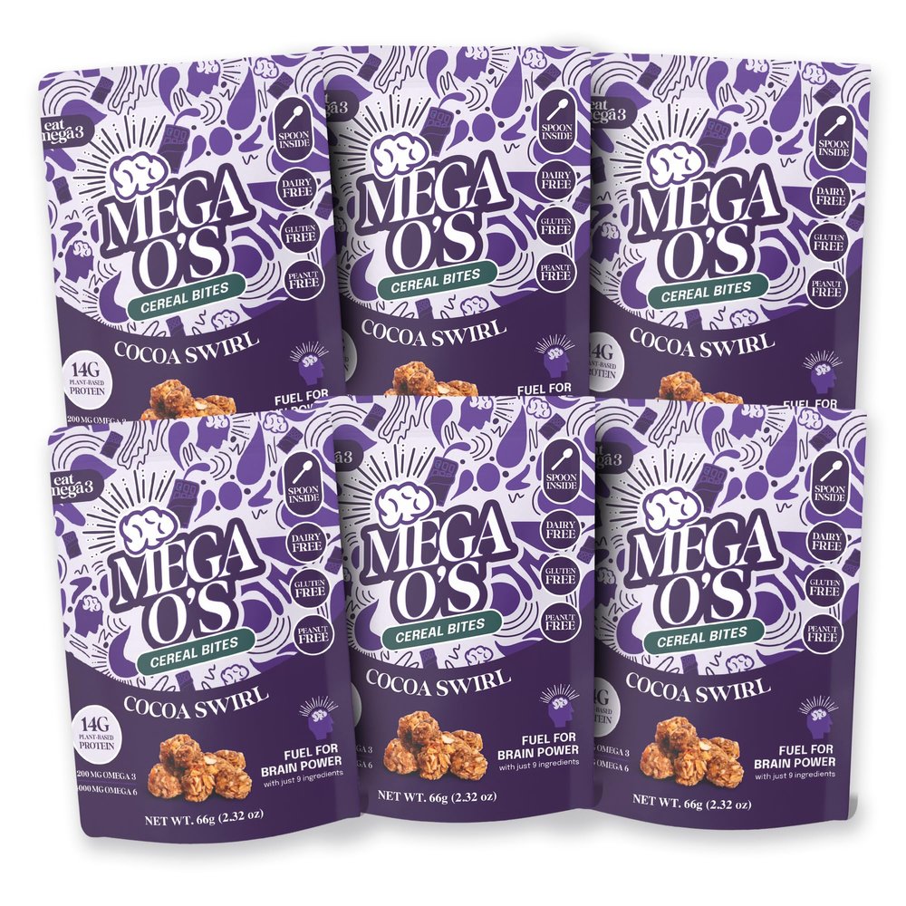 Eat Omega 3 Mega Os Cocoa Swirl Cereal Bites - Gluten-Free, Dairy-Free, Plant-Based Protein Snack with Omega-3 & Omega-6, Low Sugar, Peanut-Free - 66g Pouch, Pack of 6