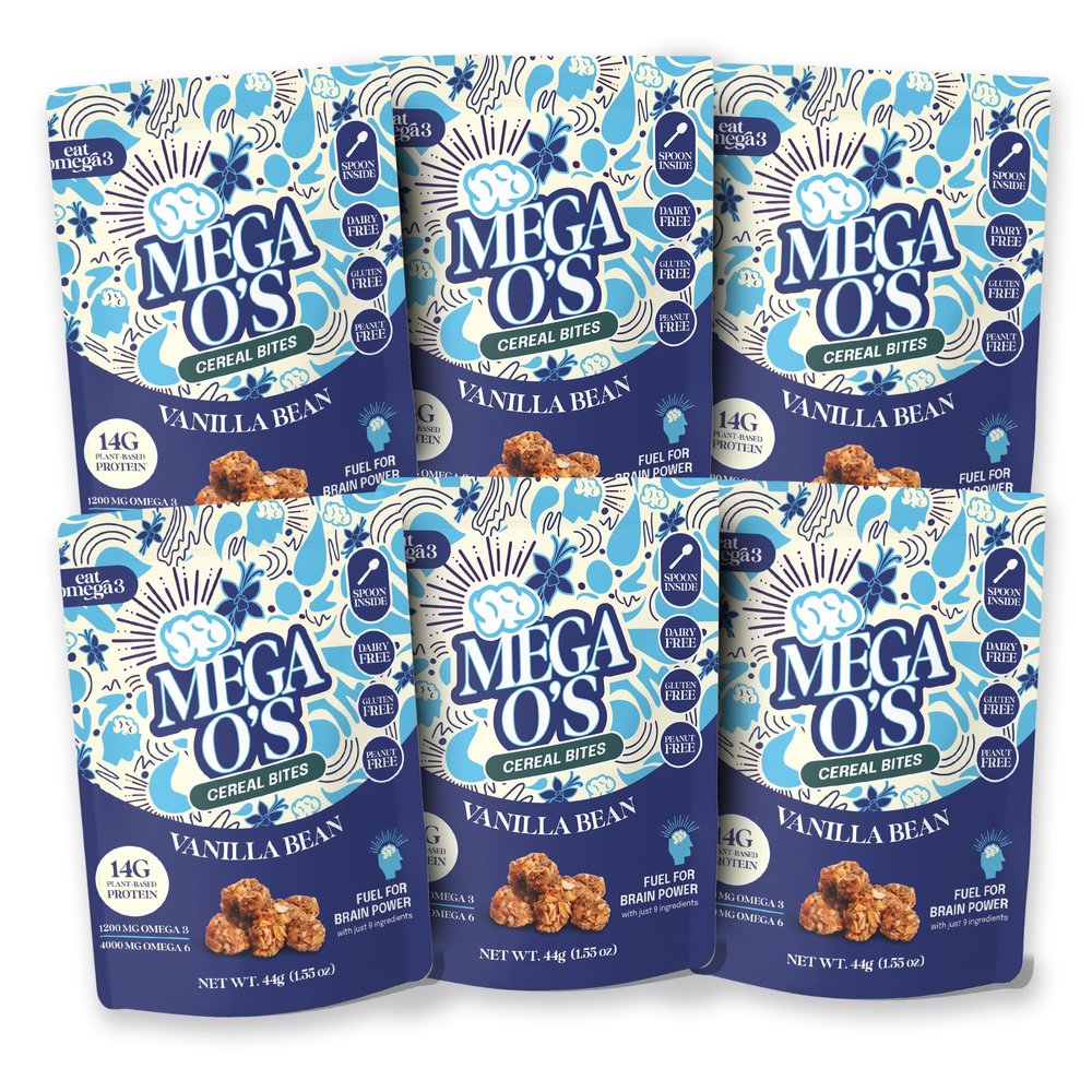 Eat Omega 3 Mega Os Vanilla Bean Cereal Bites - Gluten-Free, Dairy-Free, Plant-Based Protein Snack with Omega-3 & Omega-6, Low Sugar, Peanut-Free - 66g Pouch, Pack of 6