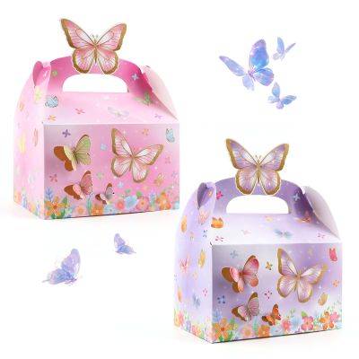 24PCS Butterfly Party Favor Boxes Bulk Paper Candy Gift Boxes with Handles for Birthday, Baby Shower, Wedding Watercolor Butterfly Treat Bags for Goodie Bags & Party Decorations (2 Designs)
