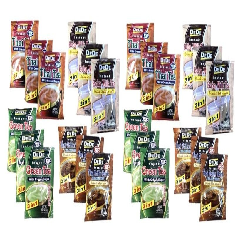 Dede Instant Tea Samplers (24 pcs) 3-in-1 Powder Thai Tea with Cream and Sugar, Thai Coffee, Boba Milk Tea, Green Tea with Cream and Sugar