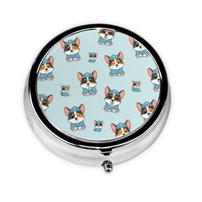 Compact Pill Case, Metal Round Holder for Supplements, Purse Pocket Organizer Travel Essential, Cute Corgi Tricolor Dog