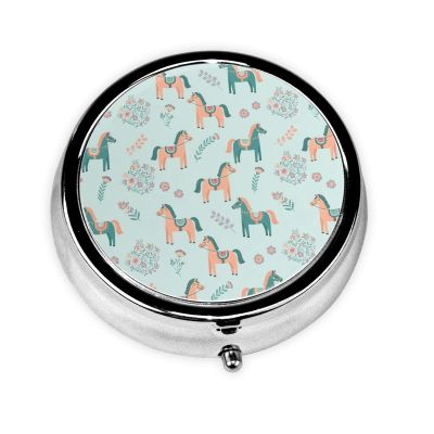 Travel Pill Dispenser, Round Small Organizer, Metal Case for Medicine, Pocket Purse Container for Camping Trips, Flowers Floral Horse Couple Art