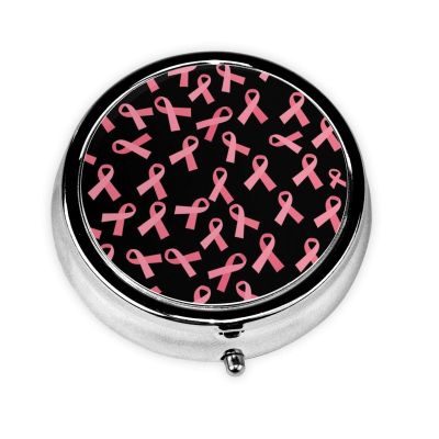 Mini Pill Case, Round Compact Organizer, Portable Holder for Supplements, Travel Pill Box Purse Carry for Students, Breast Cancer Awareness Ribbons Pink