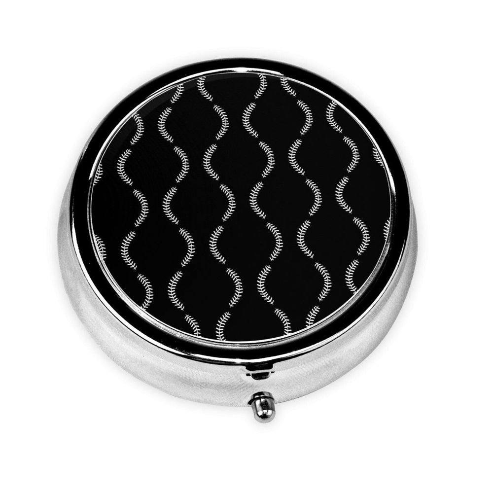 Travel Pill Dispenser, Round Small Organizer, Metal Case for Medicine, Pocket Purse Container for Camping Trips, Black Baseball Sport Softball American