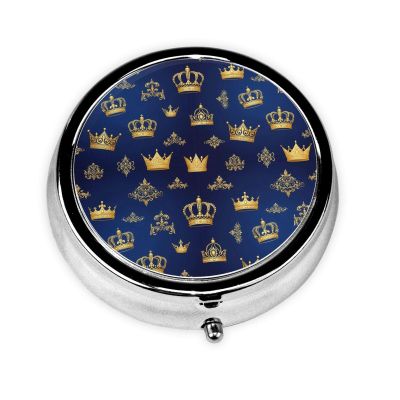 Round Pill Holder, Waterproof Organizer Case, Compact Travel Pill Box for Vitamins, Pocket Purse Use for Seniors, Purple Blue Gold Royal Crown