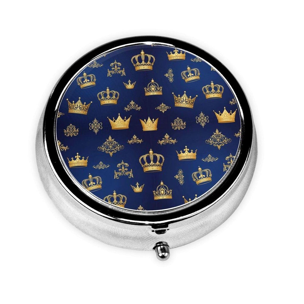 Round Pill Holder, Waterproof Organizer Case, Compact Travel Pill Box for Vitamins, Pocket Purse Use for Seniors, Purple Blue Gold Royal Crown