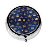 Round Pill Holder, Waterproof Organizer Case, Compact Travel Pill Box for Vitamins, Pocket Purse Use for Seniors, Purple Blue Gold Royal Crown view 1