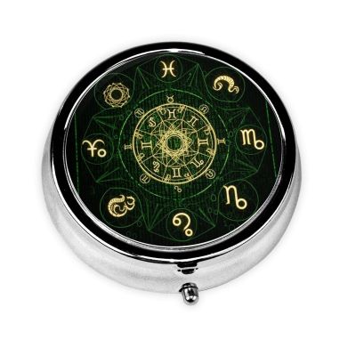 Pocket Pill Box, Waterproof Round Dispenser, Portable Mini Case for Supplements, Daily Use Organizer for Active Lifestyles, Sacred Geometric Zodiac Symbol Magic Occult