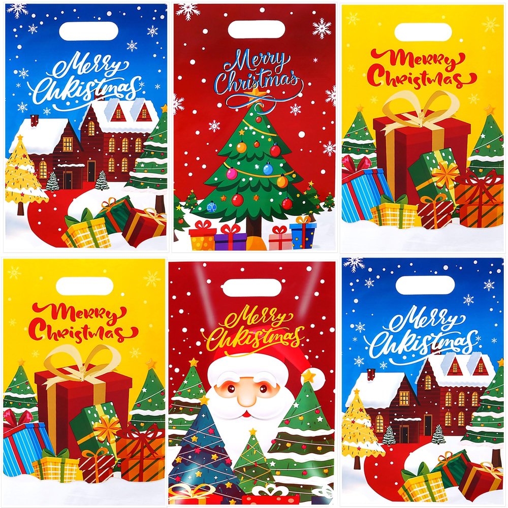 FUULOXE 60 Pcs Christmas Gift Bags with Handles Merry Christmas Treat Bag for Holiday Goody Snack Gift Bags Bulk Party Decoration Supplies Favors