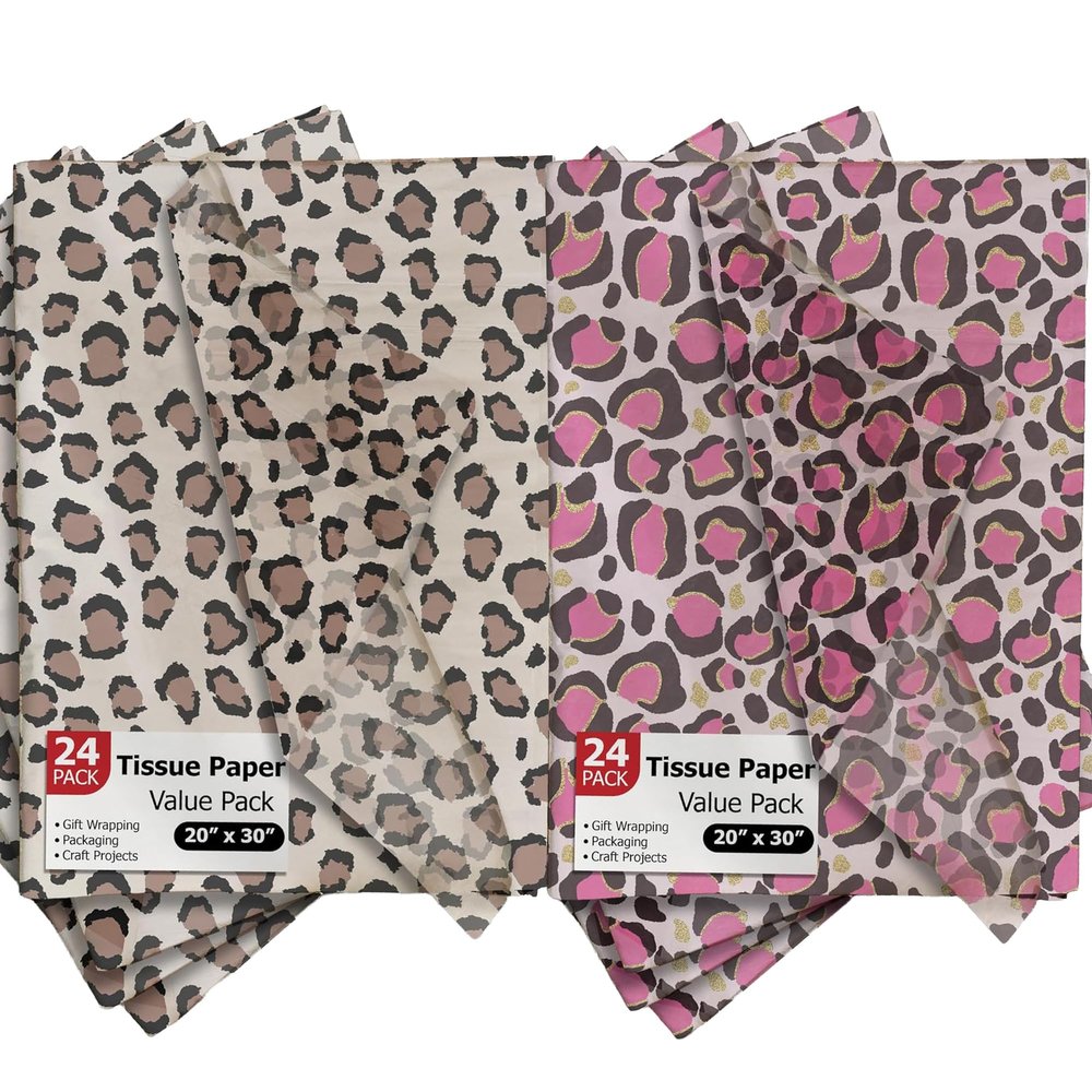 24 Leopard Print and 24 Pink Leopard Printed Tissue Paper - Tissue Paper for Gift Bags, Boxes, Wrapping, Packaging and More - Gift Wrapper - Decorative Papers - Arts & Crafts - 20" x 30" (48 Sheets)