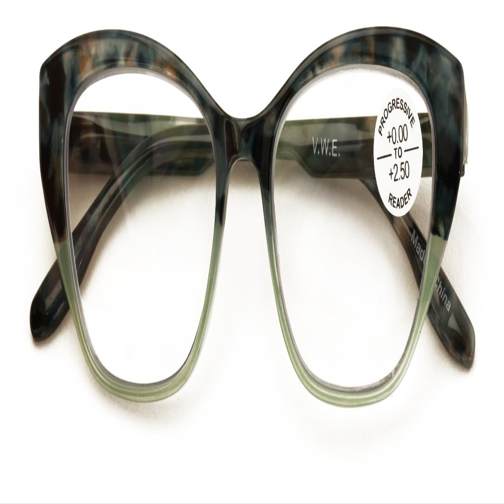 V.W.E. Women Cateye Progressive Clear Bifocal Reading glasses - No Line or Bubble - Zero Power on Top (Mica Green, 4.00, x)