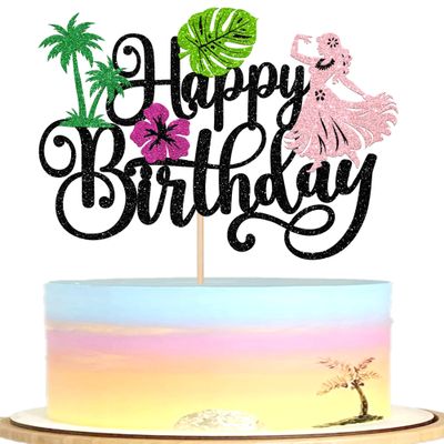 1 PCS Summer Beach Happy Birthday Cake Topper Glitter Dance Girl Flower Palm Tree Leaf Cake Pick Beach Birthday Cake Decorations for Summer Hawaiian Luau Aloha Baby Shower Party Supplies Black