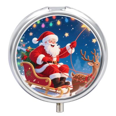 Pill Box 3 Compartment Christmas Santa Claus Travel Pill Case with Mirror Waterproof Medicine Pills Organizer 3 Times A Day Portable Med Container for Purse & Pocket Round Silver
