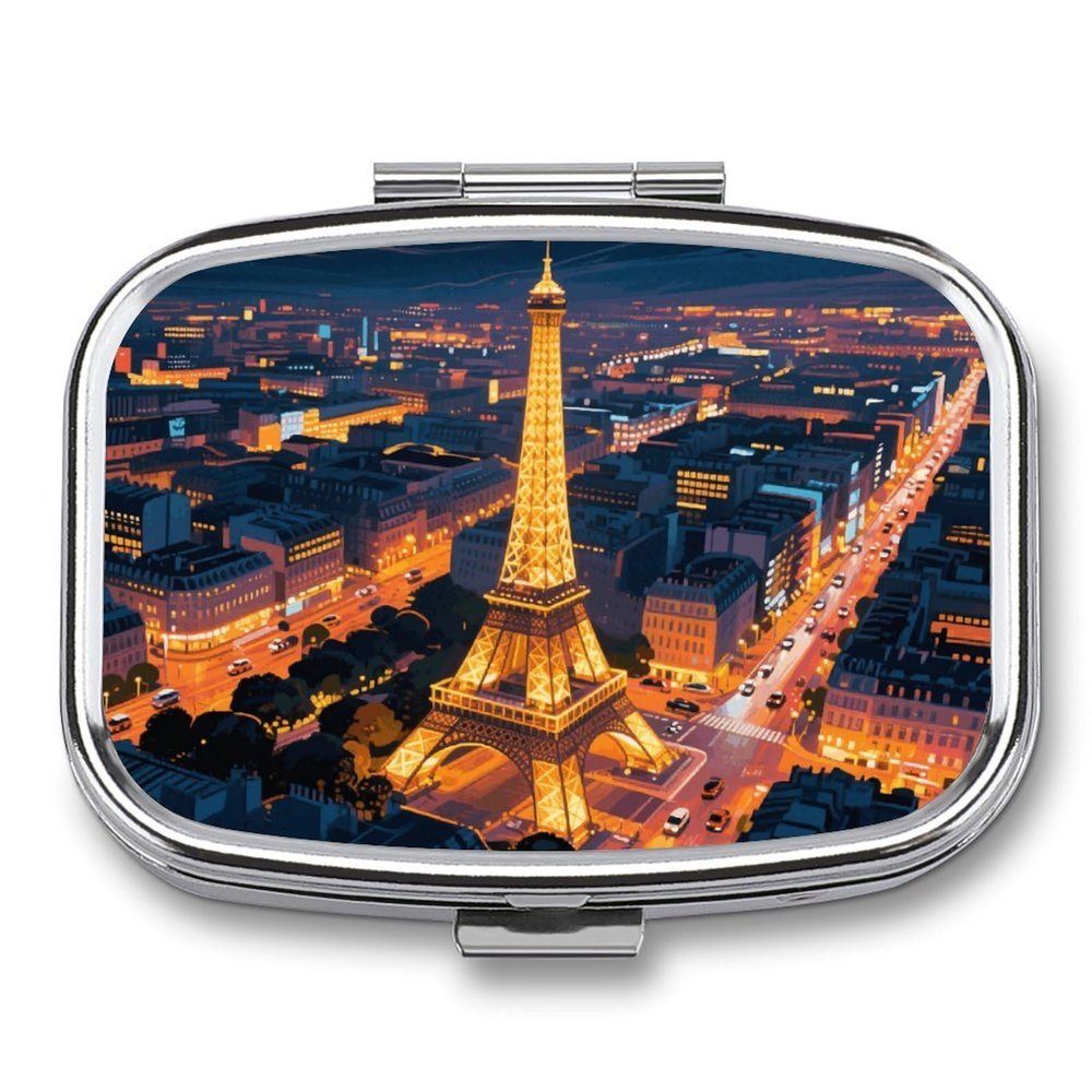 Pill Box 2 Compartment Eiffel Tower Travel Pill Case with Mirror Waterproof Medicine Pills Organizer 2 Times A Day Portable Med Container for Purse & Pocket Rectangle Silver