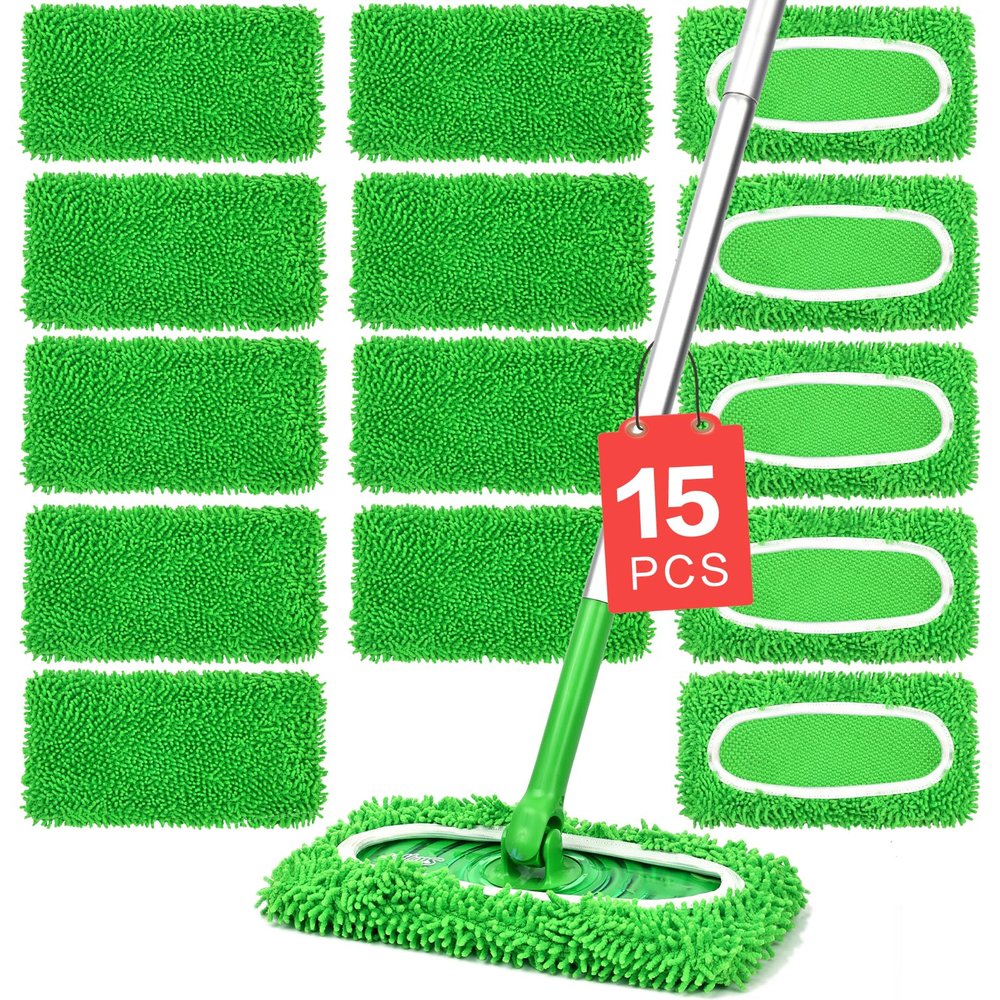 15Pcs Reusable Microfiber Mop Pads Compatible with Sweeper Mop, Replacement Wet Mopping pad Refills & Washable Dry Sweeping Cloths for Surface/Hardwood Floor Cleaning