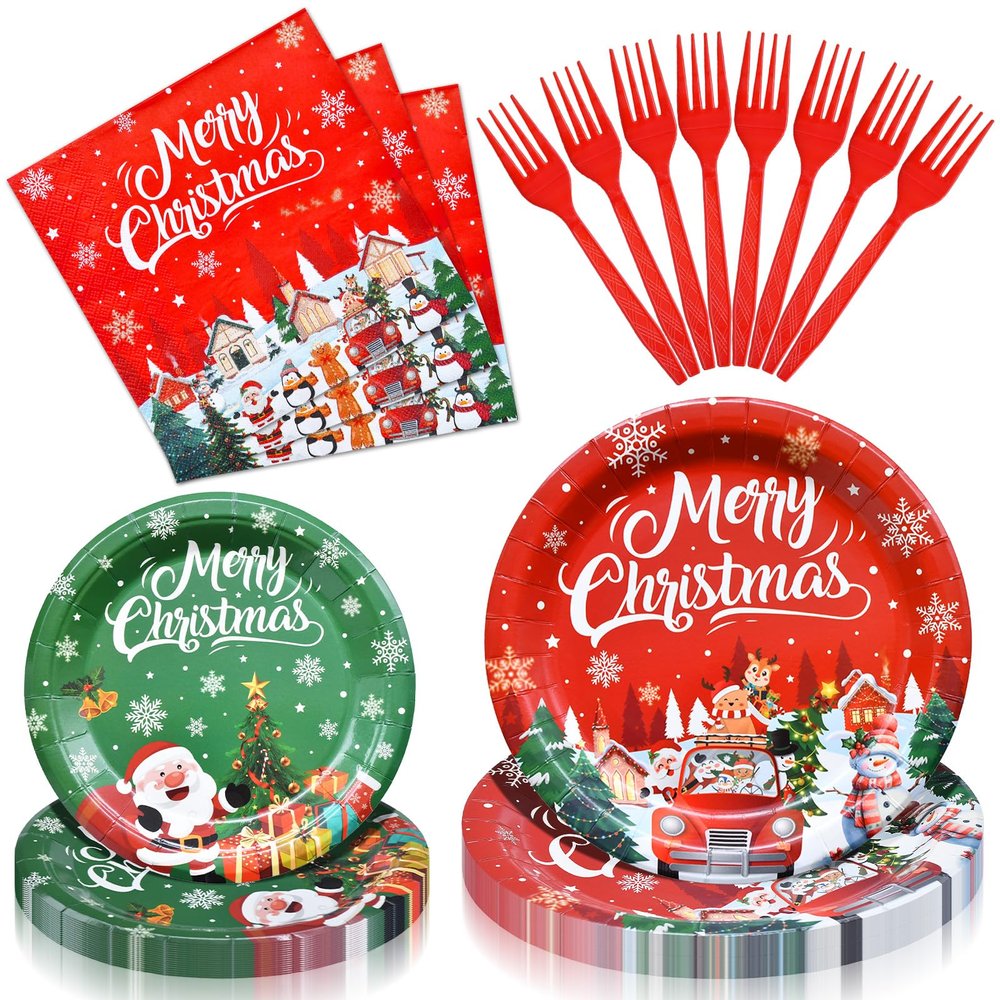 100 Pieces Christmas Party Tableware Set Merry Christmas Disposable Plates, Napkins and Forks, Santa Snowman Red Green Dinnerware for Xmas Holiday Birthday and Winter Party Supplies