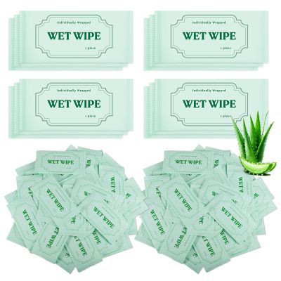 Vabrloy 300 Pack Wet Wipes Individually Wrapped, Personal Cleansing Wipe, Aloe Vera Hand Wipes for Homeless, Travel Size Body Wipe for Restaurant, Wedding, Barbecue, Green