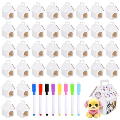 36pcs Dog Party Gift Boxes, White Adopt a Dog House Snack Favors with Holes & Handle 8pcs Colored Markers for Pet Puppy Adoption DIY Crafting Birthday Gift Party Decorations