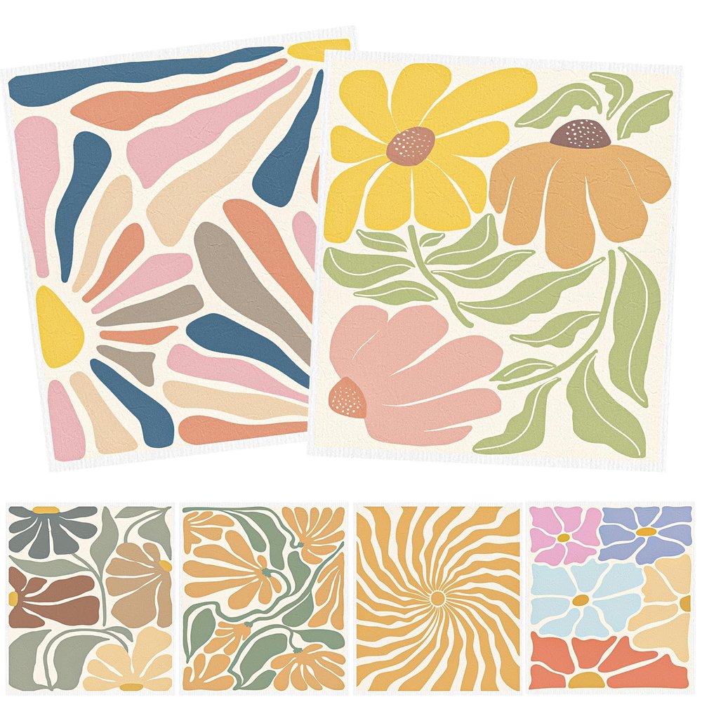InIsaJace Boho Floral Swedish Dishcloths for Kitchen, 6PCS Retro Groovy Swedish Dish Cloths Gift Set, Reusable Absorbent Cellulose Sponge Dish Towel for Home Cleaning(7.8 X 7 Inches)