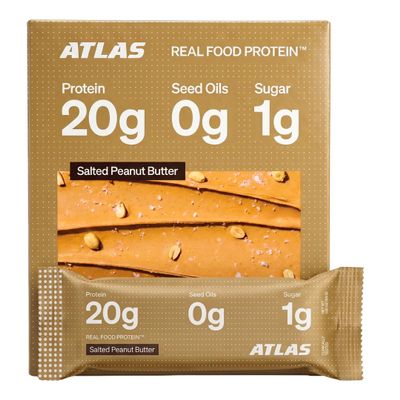 Atlas Real Food High Protein Bars 20g Protein, 1g Sugar, Clean Ingredients, High Fiber, Low Sugar Snack Bar, No Seed Oils, No Artificial Sweeteners (Salted Peanut Butter, 12 Count)