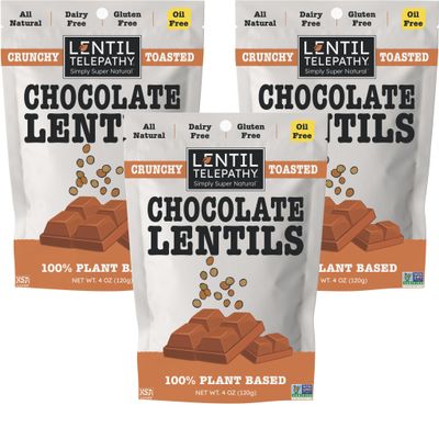 Lentil Telepathy Chocolate Crunchy Whole Lentil Snack, Rich Cocoa Flavor, OIL FREE, Never Fried, Plant Based, Gluten Free, 4 oz Bags, 3 Pack