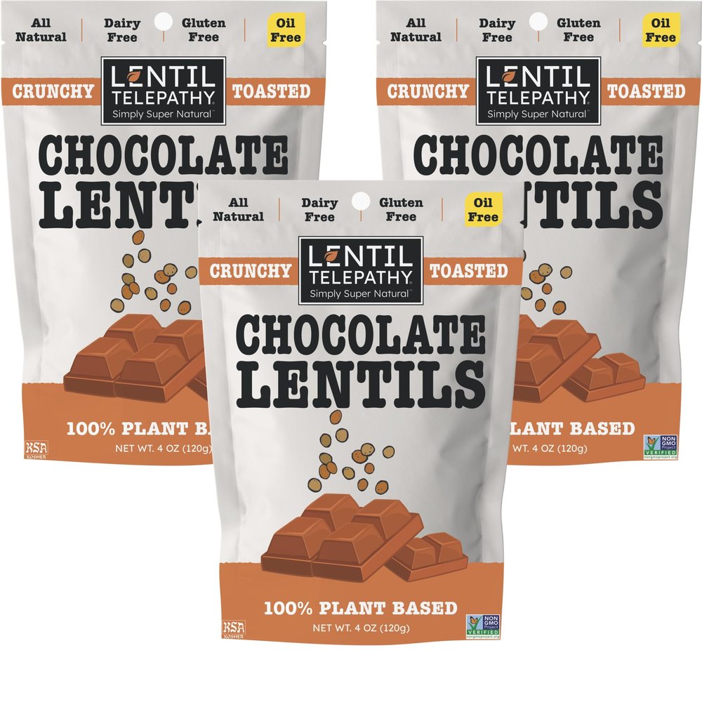 Lentil Telepathy Chocolate Crunchy Whole Lentil Snack, Rich Cocoa Flavor, OIL FREE, Never Fried, Plant Based, Gluten Free, 4 oz Bags, 3 Pack