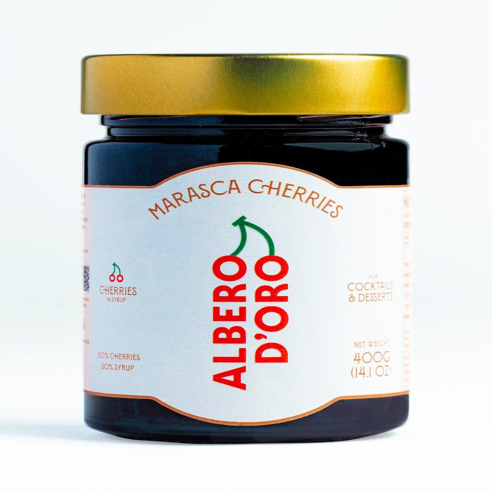 Albero dOro Premium Marasca Cocktail Cherries 400g Jar | European Marasca Variety | Rich Syrup | Non-GMO | Gourmet Garnish for Cocktails & Desserts