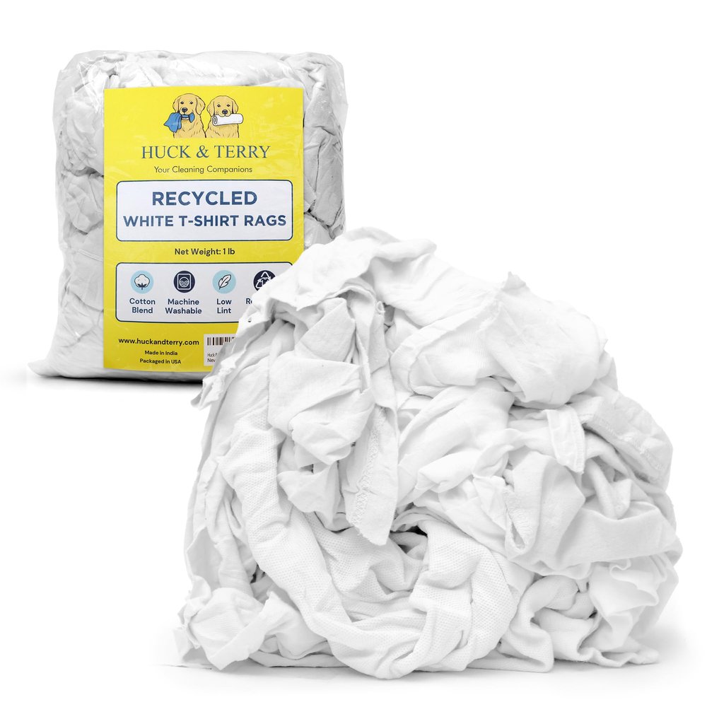Huck & Terry White T-Shirt Bag of Rags, 100% Recycled Material, Cotton Blend Bar Mop, Reclaimed, Eco-Friendly Cloth, Cleaning & Painting Rags, Lint Free, Highly Absorbent (Bag, 1, Pound)