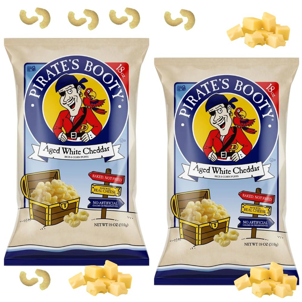 Aged White Cheddar Puffs, 18 Ounce Bags (Pack of 2) PirateBooty Baked Rice and Corn Puffs - Bulk Snacks for Kids & Adults - Gluten Free