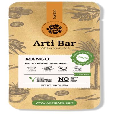 Arti Bar Mango | Whole Food Energy Bar | 40% Real Mango, Vegan, Gluten-Free, No Added Sugar, Clean Ingredients | Plant-Based Healthy Snack