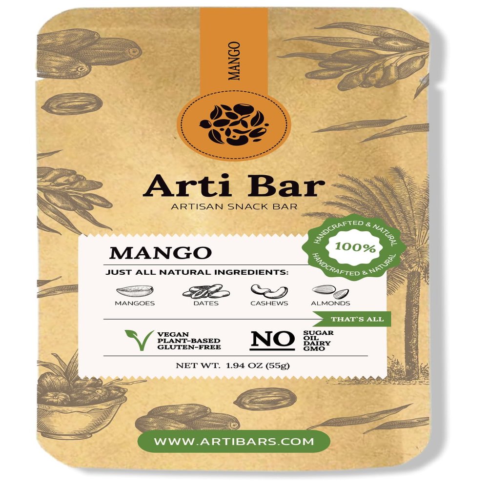 Arti Bar Mango | Whole Food Energy Bar | 40% Real Mango, Vegan, Gluten-Free, No Added Sugar, Clean Ingredients | Plant-Based Healthy Snack