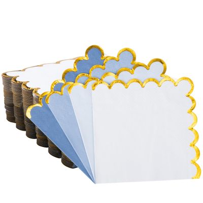 100 Pcs Blue Scalloped Napkins with Gold Foil Gradient Color Cocktail Napkin Folded 5 x 5 Beverage Napkins Disposable Paper Napkins for Birthday Party Supplies