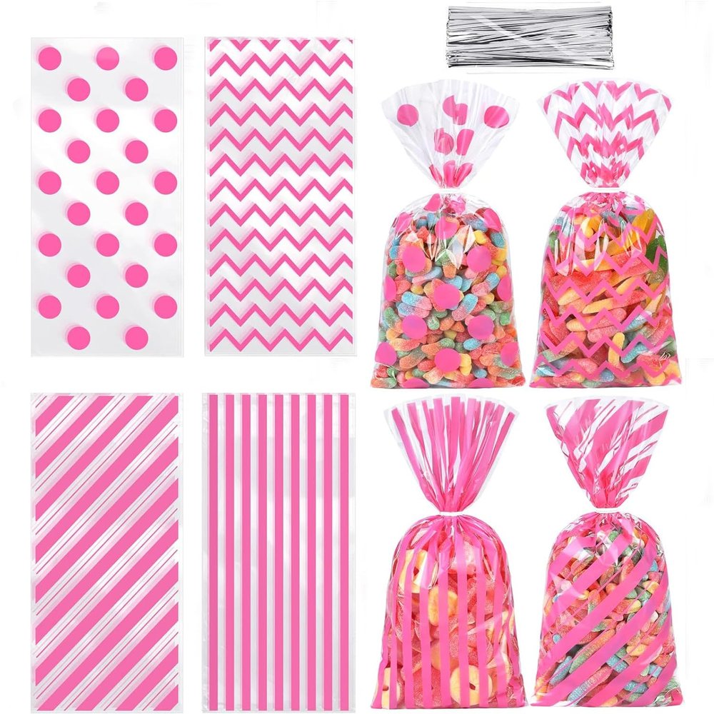 Capesaro 50 Pieces 10.6 x 5.1 In Pink Cellophane Treat Bags Candy Gift Bag with Twist Ties Stripes Polka Dot Printed Pattern Goodie Bag for Birthday Weddings Party Favors