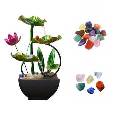 10.23 Inch-Tabletop Indoor Water Fountain & 3 Tiers of Flowing Water + Free 5 Crystals for Meditation & Landscape & Good Luck-Lighting Circle(Safflower)