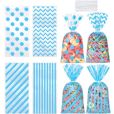 Capesaro 50 Pieces 10.6 x 5.1 In Blue Cellophane Treat Bags Candy Gift Bag with Twist Ties Stripes Polka Dot Printed Pattern Goodie Bag for Birthday Weddings Party Favors