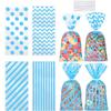 Capesaro 50 Pieces 10.6 x 5.1 In Blue Cellophane Treat Bags Candy Gift Bag with Twist Ties Stripes Polka Dot Printed Pattern Goodie Bag for Birthday Weddings Party Favors view 1