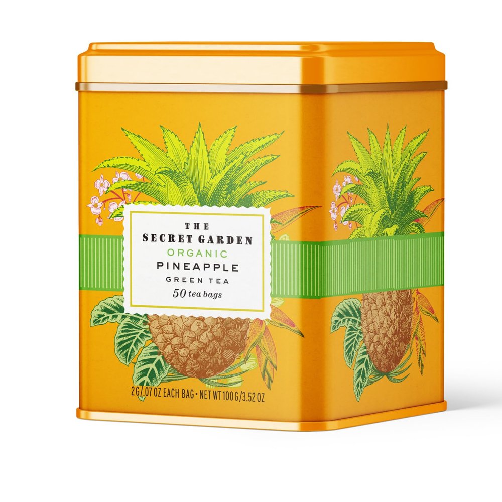 Life Plus Style Gourmet The Secret Garden Organic Pineapple Green Tea Premium Naturally Caffeinated Tropical Fruit Daily USDA Certified Green Tea Non GMO Herbal 50 Tea Bags Gift Tin Enjoy Hot or Iced