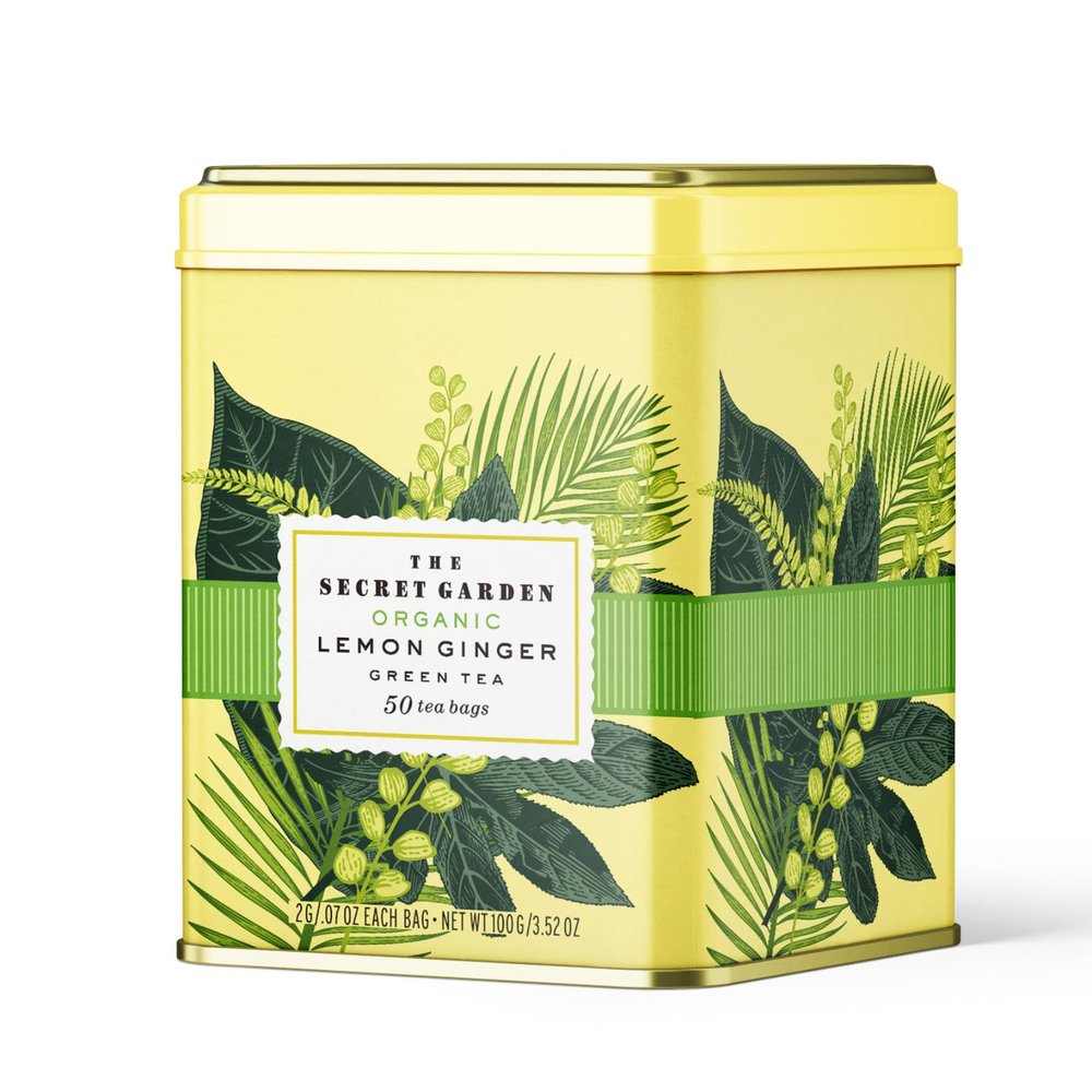 Life Plus Style Gourmet The Secret Garden Organic Lemon Ginger Green Tea 50 Tea Bags Zesty Citrus & Spicy Ginger Blend Refreshing Flavor Classic Tin