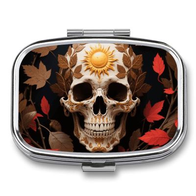Sun Skull Decorated Pill Box - 2 Compartment Travel Pill Organizer with Small Mirror, Portable Pillcase for Pocket & Purse, Cute Square Medicine Case, Weekly Medicine Container
