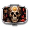 Sun Skull Decorated Pill Box - 2 Compartment Travel Pill Organizer with Small Mirror, Portable Pillcase for Pocket & Purse, Cute Square Medicine Case, Weekly Medicine Container view 1