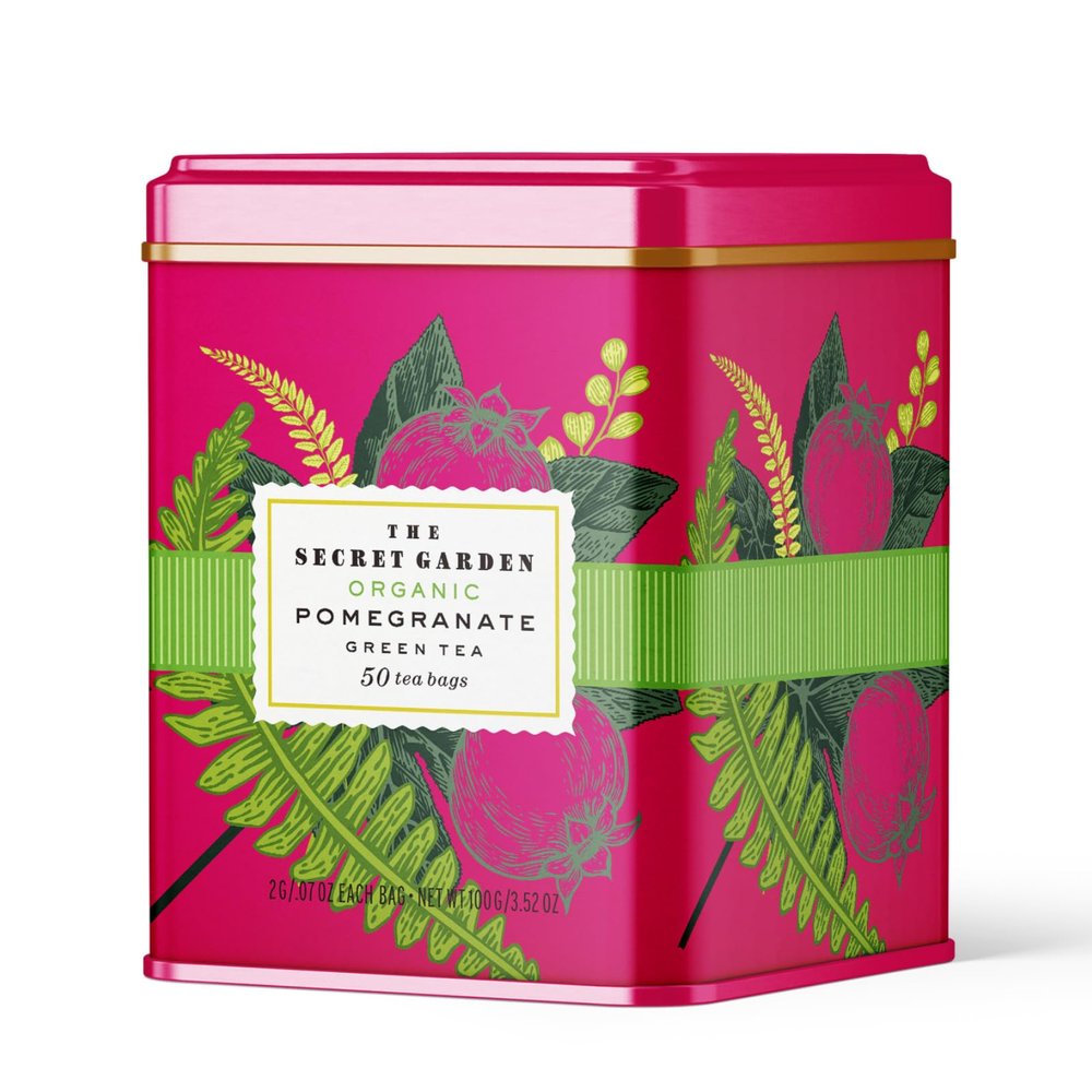 Life Plus Style Gourmet The Secret Garden Organic Pomegranate Green Tea Natural Caffeinated Herbal 50 Tea Bags Gift Tin USDA Certified Non-GMO Sugar Free Green Tea