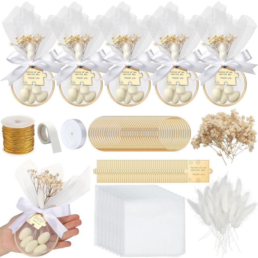 AceOrbit 50 Sets Wedding Almond Candy Favors for Guests Include Ring and Tulle Bag DIY Marzipan Souvenirs for Engagement Bridal Shower Italian Wedding Tradition Gift, No Almond Candy(Acrylic Puzzle)