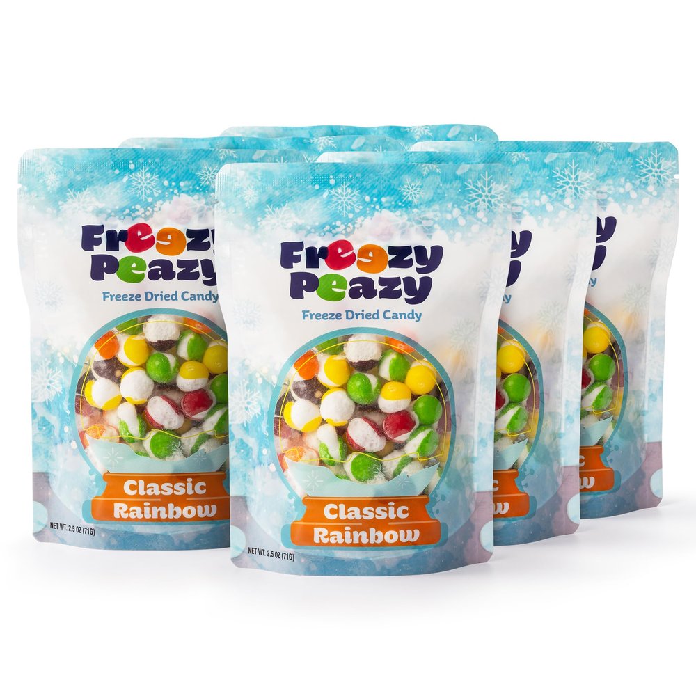 Freezy Peazy Freeze Dried Candy, Classic Rainbow Crunch, Crispy Crunchy Fruit Candy, No Melt Shelf Stable Snack for Lunchbox or Road Trip, Resealable Pouches, 2.5 oz (Pack of 6)