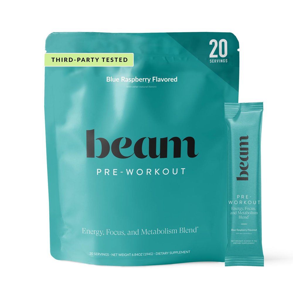 Beam Pre Workout Powder Pre Workout Supplement with Organic Caffeine, 350 mg Electrolytes & Nootropic Focus Support, No Sugar, Pre Workout for Women & Men, Blue Raspberry Flavor, 20 Servings