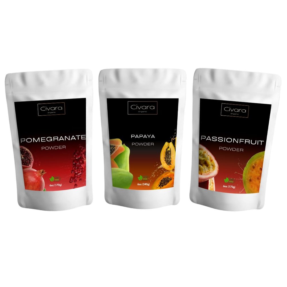 Civara Organic Fruit Powder Trio 3-Pack (6oz Each) | 100% Natural, No Sugar, No Additives | USDA Organic, Vegan, Gluten-Free | Perfect for Smoothies, Drinks & Baking Choose Your Flavors (11. Pomegranate + Papaya + Passionfruit)