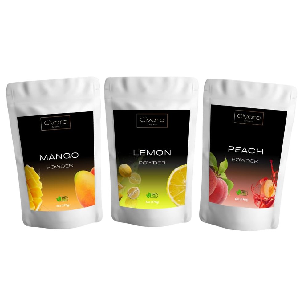 Civara Organic Fruit Powder Trio 3-Pack (6oz Each) | 100% Natural, No Sugar, No Additives | USDA Organic, Vegan, Gluten-Free | Perfect for Smoothies, Drinks & Baking Choose Your Flavors (10. Mango + Lemon + Peach)