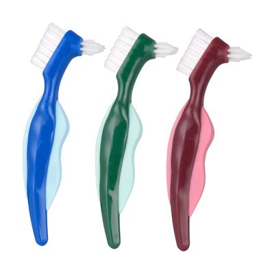 Baluue 3pcs Dual Head Denture Cleaning Brush with Hard Bristles for False Teeth Ergonomic Long Handle for Firm Grip Angled Brush Heads for Thorough Elderly Denture Care