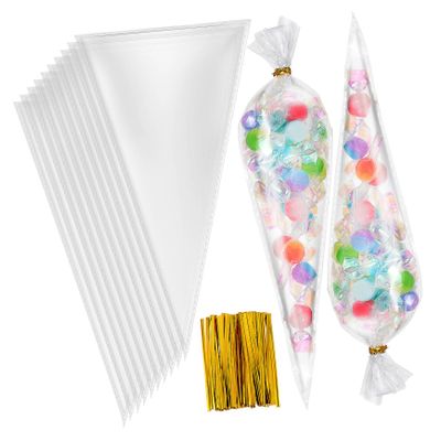 Baluue Cone Clear Cellophane Treat Packing Bags with Gold Twist Ties Transparent Wrapping Bags for Candy Cookies Chocolates Party Favor Gift Packaging